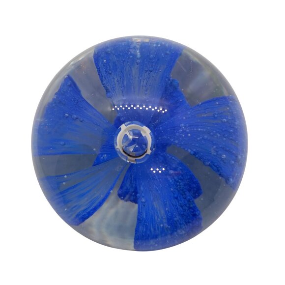 Handcrafted Glass Paperweight Vibrant Cobalt Blue Floral Design Art Glass Vtg - Picture 6 of 6